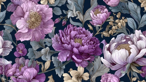 Bright fabric shows detailed flower patterns with peonies and other blooms. The design features different shades and shapes of flowers and leaves, arranged artfully on a dark background.