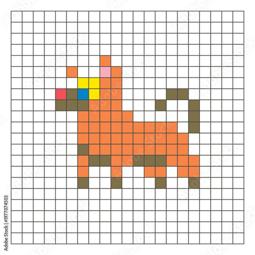 A flat pixel design made of geometric square color blocks on a clean grid layout. Pixel art dog
