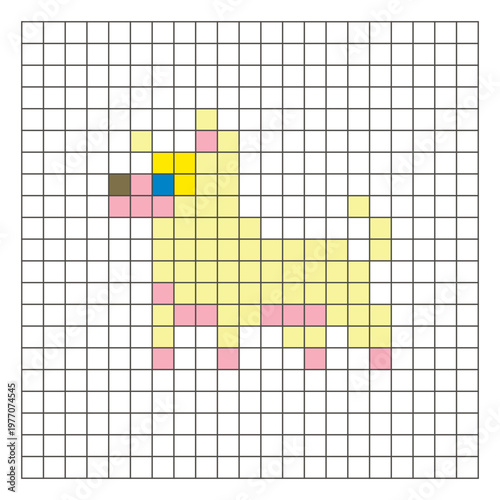 A flat pixel design made of geometric square color blocks on a clean grid layout. Pixel art dog