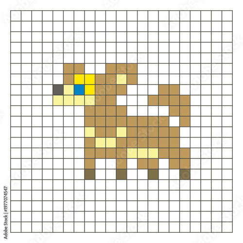 A flat pixel design made of geometric square color blocks on a clean grid layout. Pixel art dog