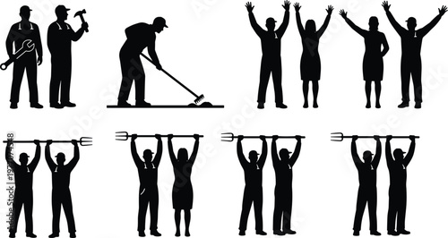 Worker and protest silhouettes set tools labor teamwork people raised hands black shadow vector illustration collection social action design