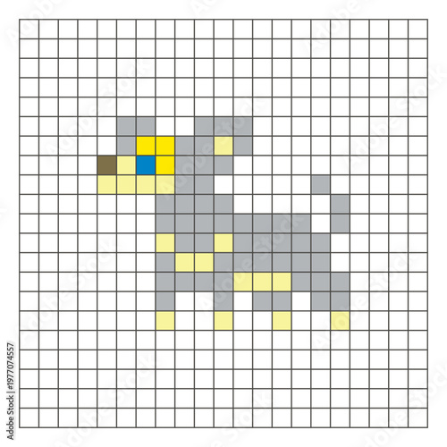A flat pixel design made of geometric square color blocks on a clean grid layout. Pixel art dog