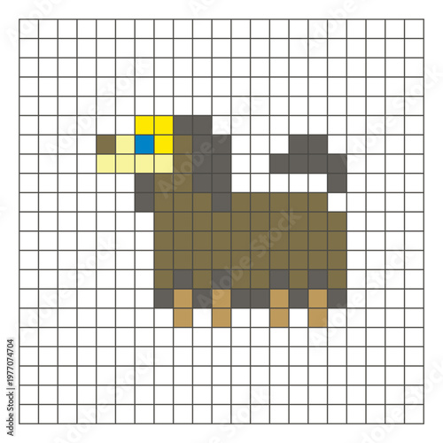 A flat pixel design made of geometric square color blocks on a clean grid layout. Pixel art dog