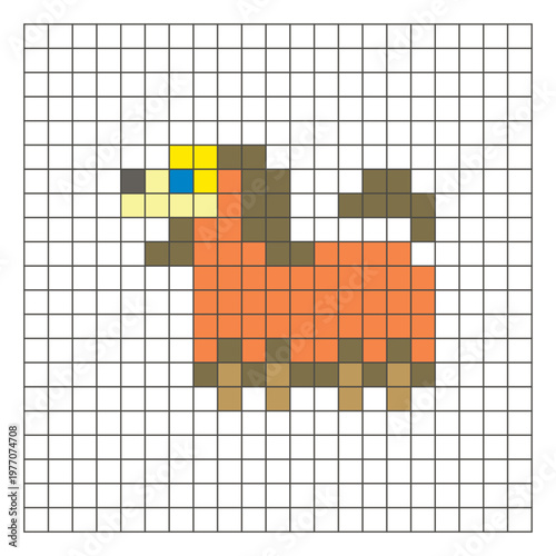 A flat pixel design made of geometric square color blocks on a clean grid layout. Pixel art dog