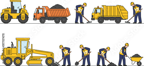 Road construction workers and machinery set roller dump truck sweeper grader labor vector illustration collection industrial transport maintenance design