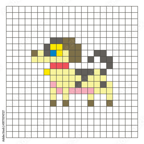 A flat pixel design made of geometric square color blocks on a clean grid layout. Pixel art dog