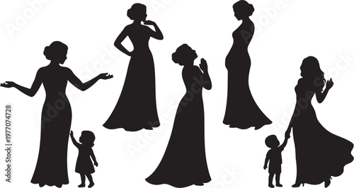Vintage Victorian woman silhouettes set, elegant ladies in long dresses and evening gowns, classic mother and child silhouettes, 7 black vector elements for historical fashion and family design