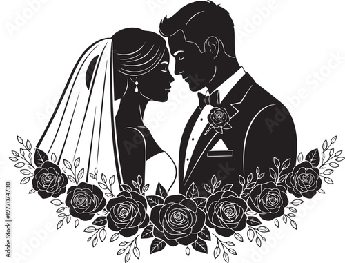 Silhouette of a wedding couple bride and groom with rose flower decoration vector illustration for marriage invitation
