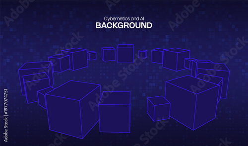 Abstract vector cube for 3d geometric design element and background technology block. Concept blue box for illustration network business and digital futuristic big data. Abstract ai blockchain.