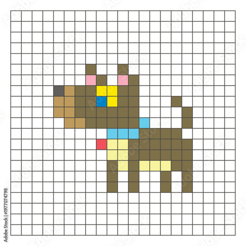 A flat pixel design made of geometric square color blocks on a clean grid layout. Pixel art dog