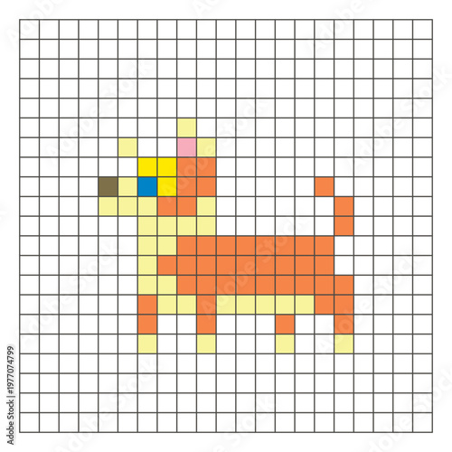 A flat pixel design made of geometric square color blocks on a clean grid layout. Pixel art dog