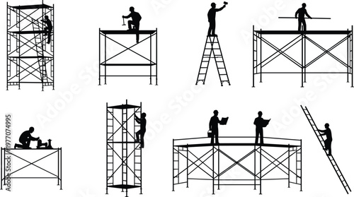 Scaffolding workers silhouette set, construction platform ladder work, building maintenance repair activities, height access teamwork, industrial scaffold system vector