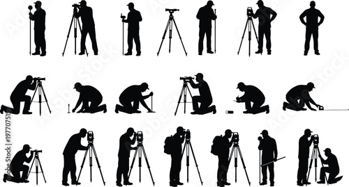 Surveyor engineer silhouette set, land surveying equipment, construction measurement team, tripod tools, mapping work, industrial survey workers collection vector