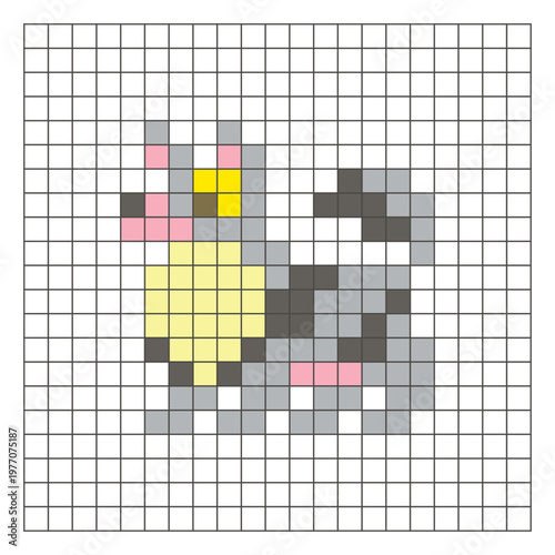 A flat pixel design made of geometric square color blocks on a clean grid layout. Pixel art dog