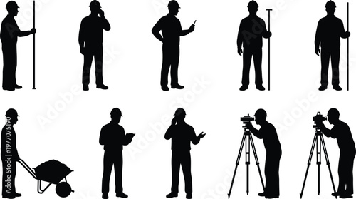 Surveyor worker silhouettes set construction measurement tripod equipment labor people black shadow vector illustration collection engineering site design
