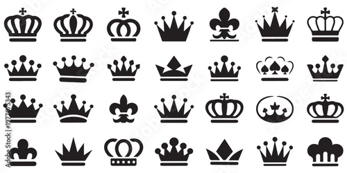 Diverse collection of royalty symbols and various crown icons for emblems of power and authority.
