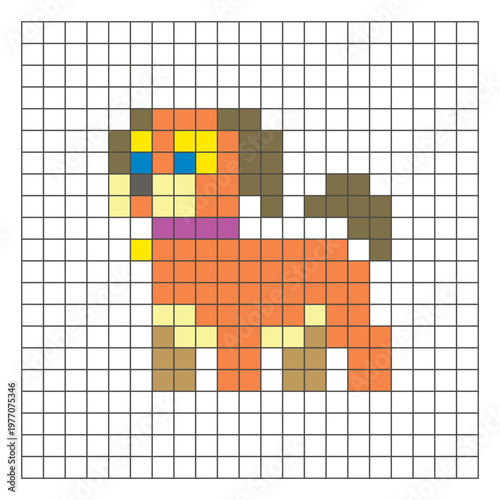 A flat pixel design made of geometric square color blocks on a clean grid layout. Pixel art dog