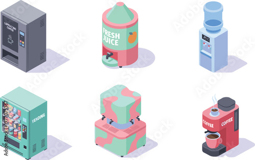 Vending and beverage machines isometric set, coffee juice water dispenser, automatic drink equipment, refreshment service, modern retail appliance vector