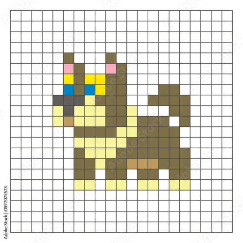 A flat pixel design made of geometric square color blocks on a clean grid layout. Pixel art dog
