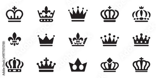 Minimalist crown and fleur de lis icons for premium branding royal heraldry emblems collection in flat design.