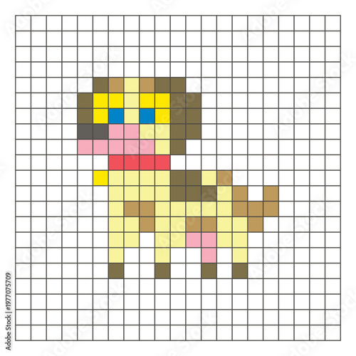 A flat pixel design made of geometric square color blocks on a clean grid layout. Pixel art dog