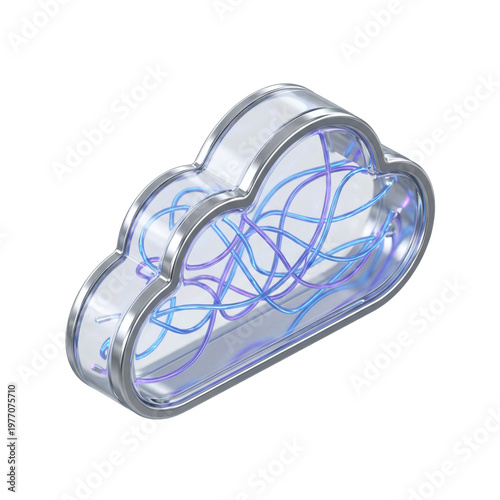 A futuristic cloud-shaped object with glowing blue and purple lines on a black background