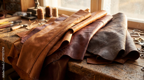 Various shades of genuine brown leather pieces stacked on a rustic workbench in an artisan workshop with blurred tools