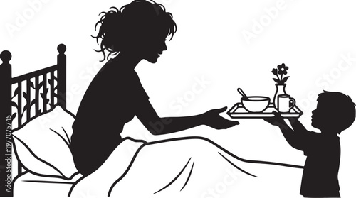 Mother's Day silhouette of a child bringing breakfast in bed to mom, little boy serving tray with food and flowers to mother in bedroom, heartwarming family morning scene vector illustration