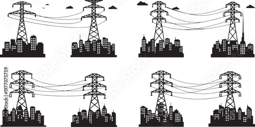 Set of high voltage power transmission pylons and city skyline silhouettes vector illustration for energy infrastructure
