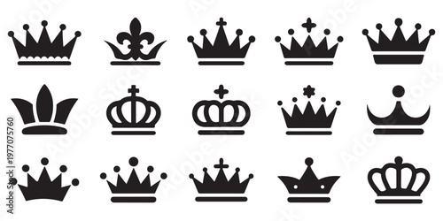Royal crown silhouettes set for winner awards and leadership concept design isolated black icons on white wall.