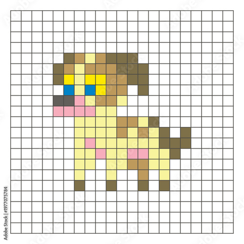 A flat pixel design made of geometric square color blocks on a clean grid layout. Pixel art dog