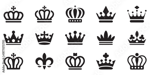 Set of black crowns flat style vector illustration. simple royal king and queen crown symbol collection.