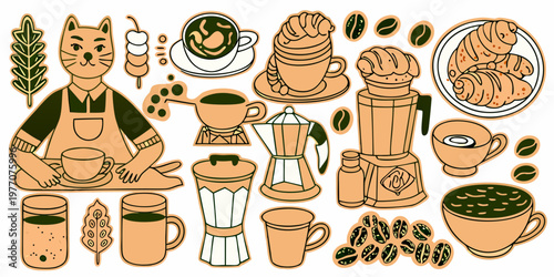 A whimsical illustration of a barista cat with coffee and pastry elements