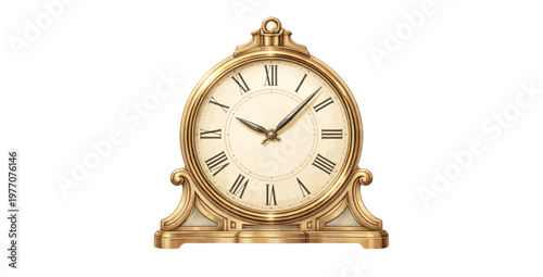 A watercolor vintage mantel clock featuring an ornate golden table clock with roman numerals in a classic antique style isolated on white background.