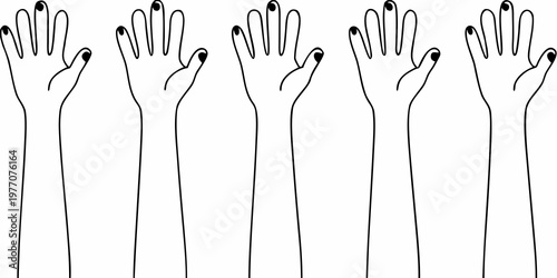 Five hands raised in the air depicted as simple black line drawings