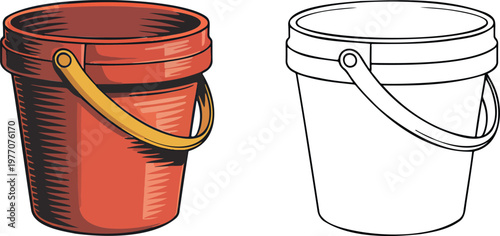 Bucket illustration & outline set isolated on transparent background