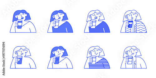 Minimalist illustration of diverse people enjoying warm beverages