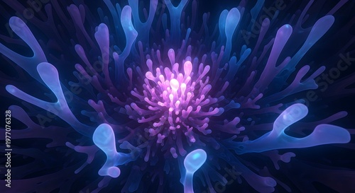 Abstract bioluminescent bloom a glowing floral fantasy in deep blues and purples