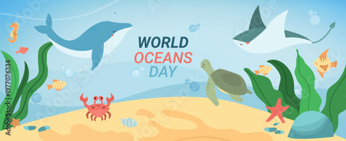 A horizontal flat vector banner for World Oceans Day featuring various marine species in their natural habitat
