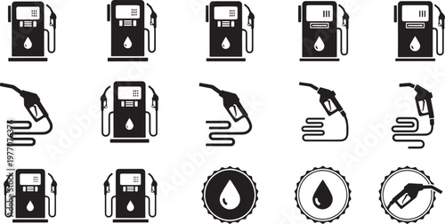 Set of gas station fuel pump icons and petroleum symbols vector illustration isolated on white background
