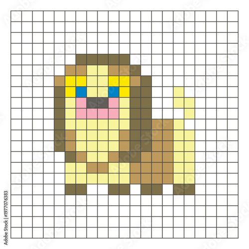 A flat pixel design made of geometric square color blocks on a clean grid layout. Pixel art dog
