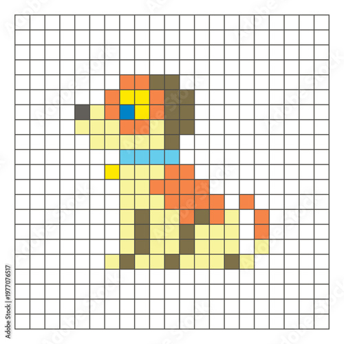 A flat pixel design made of geometric square color blocks on a clean grid layout. Pixel art dog