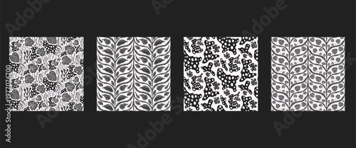 Monochrome garden lush seamless pattern collection with botanical leaves. Plant foliage black and white endless background vector set. Seamless surface with summer leaves floral motif.