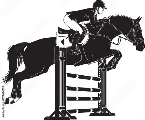 Equestrian show jumping silhouette vector illustration of a rider on a horse jumping over a hurdle obstacle

