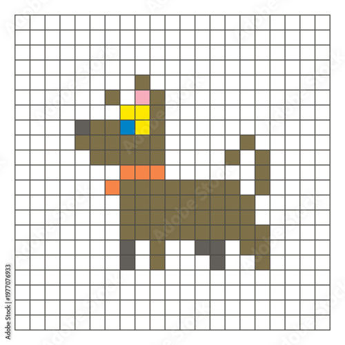 A flat pixel design made of geometric square color blocks on a clean grid layout. Pixel art dog