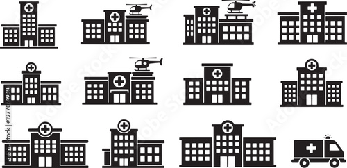 Set of hospital and medical building icons silhouette vector illustration with ambulance and helicopter
