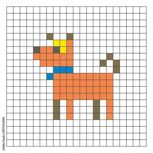 A flat pixel design made of geometric square color blocks on a clean grid layout. Pixel art dog