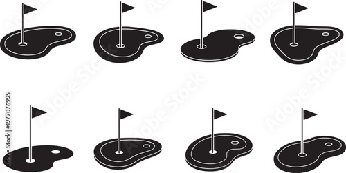 A versatile set of stylized golf hole icons featuring flags, embodying the concept of putting challenges on a green, perfect for sports graphic design and digital game interfaces