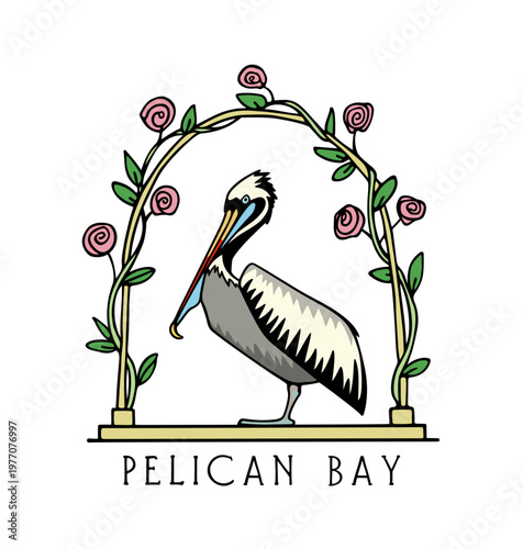 Vector portrait of a hand drawn beautiful Peruvian pelican with blue throat pouch in blooming rosy floral arch. Ink drawing, graphic style. Beautiful design elements, perfect for logo design