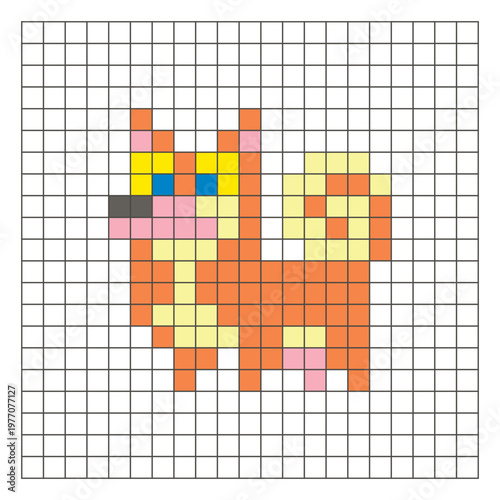 A flat pixel design made of geometric square color blocks on a clean grid layout. Pixel art dog